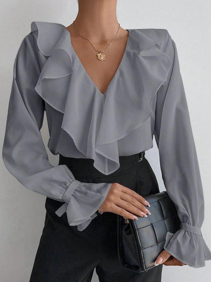 Gentle Ruffled Collar Light Grey Long Sleeve Chiffon Shirt