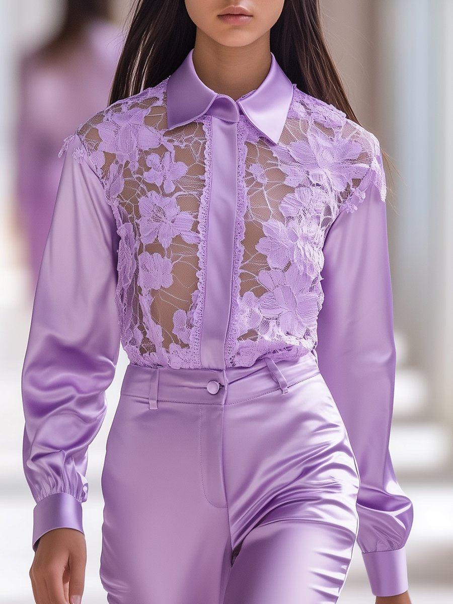 Elegant and Fashionable Purple Lace Splicing Satin Long-sleeved Shirt