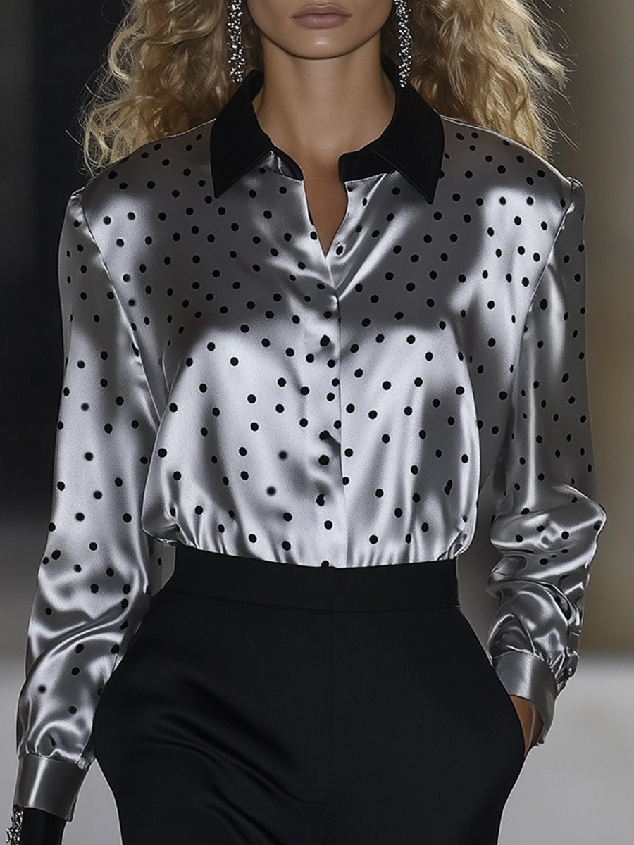 High-End Fashionable French Elegant Polka Dot Silver Satin Shirt