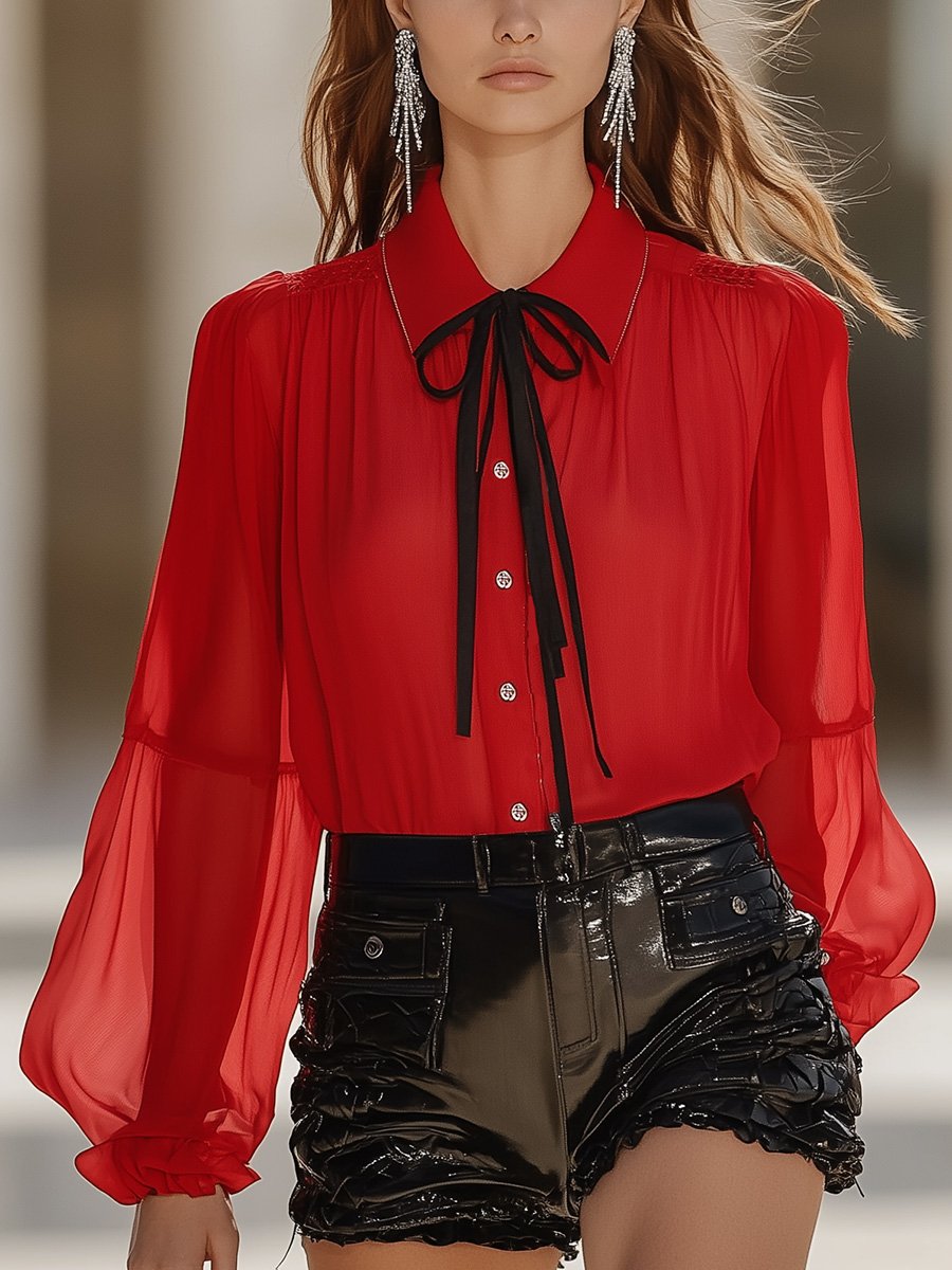 Fashionable and Chic Shoulder Pleated Transparent Puff Sleeves Tie Red Chiffon Shirt