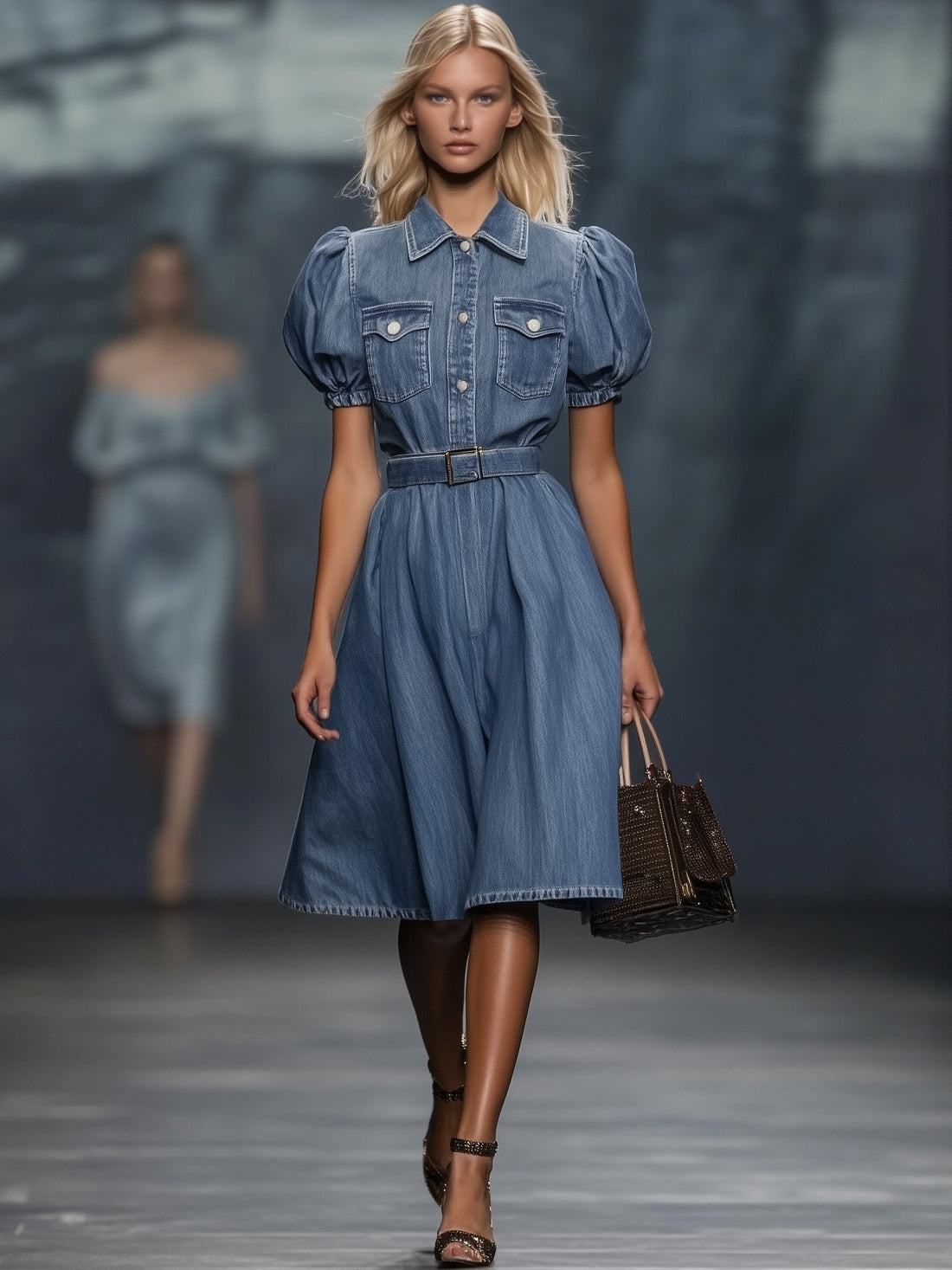 Fashion Slim Fit Denim Short Sleeve Midi Dress