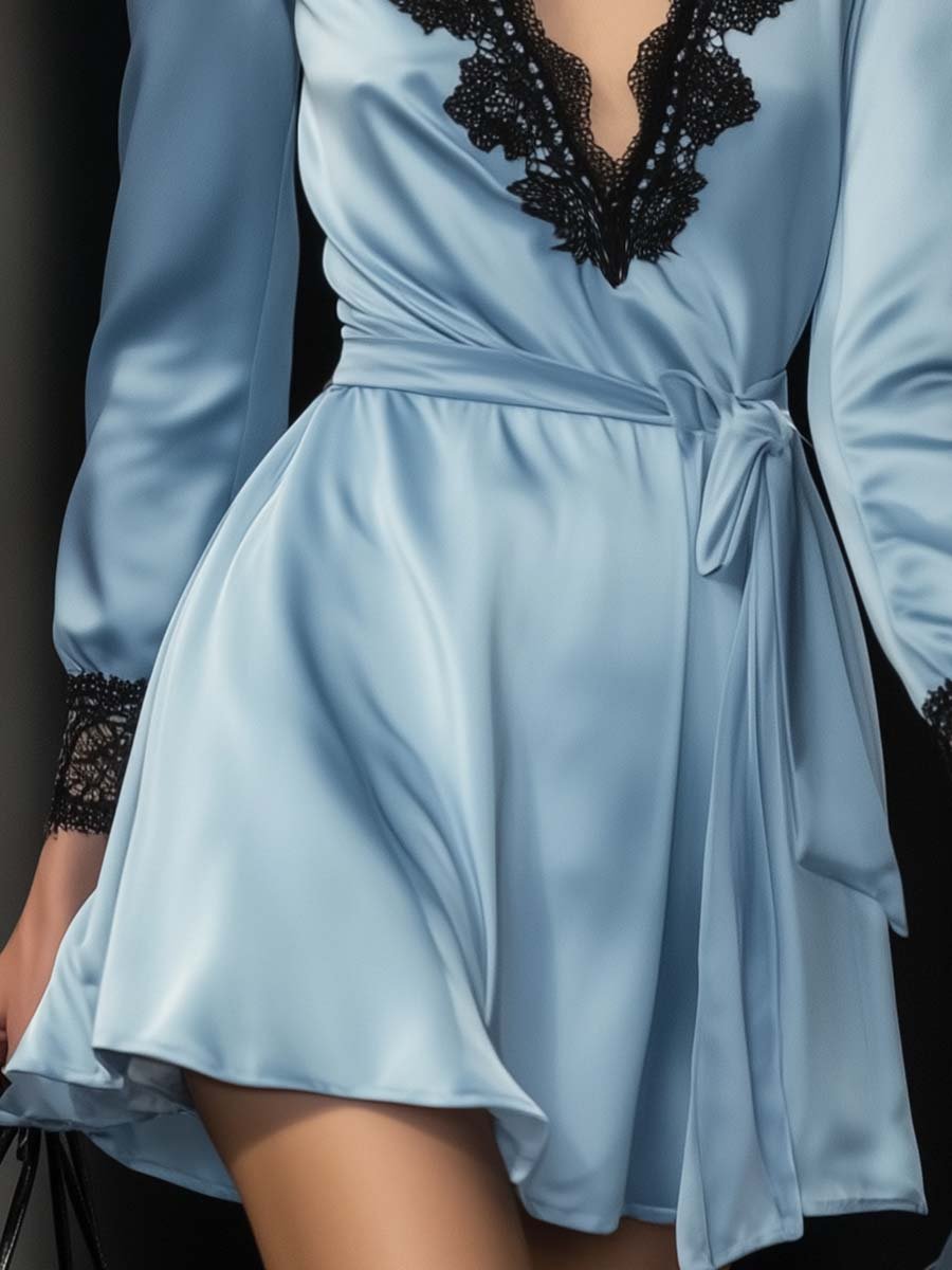 Elegant and Comfortable V-neck Lace Light Blue Silk Mini Dress