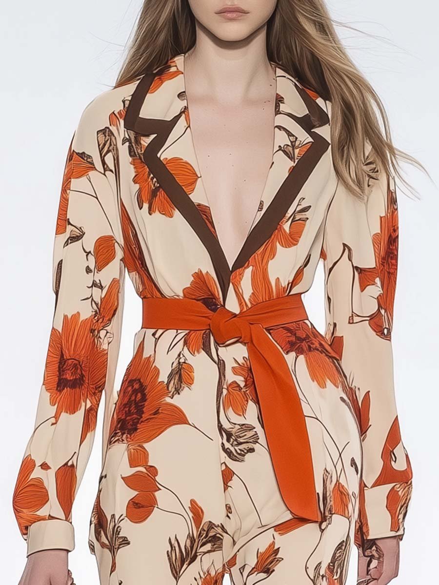 Romantic Personality Lapel Beige Orange Floral Print Jumpsuit