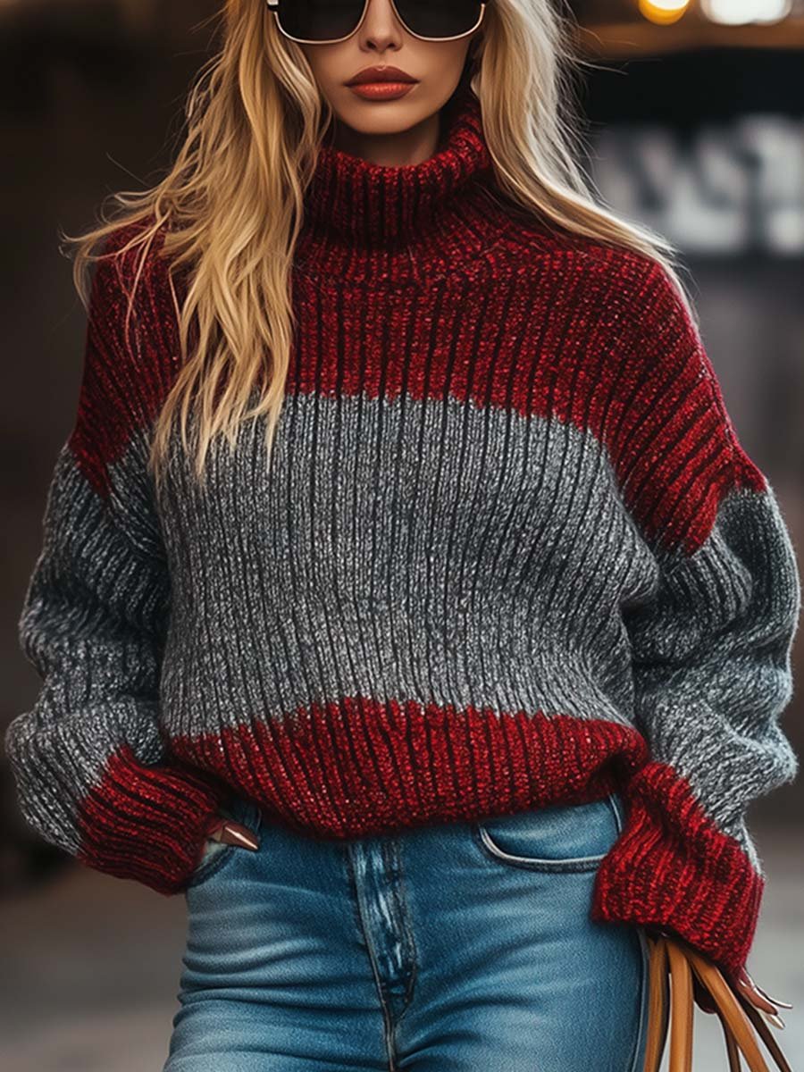 Casual Retro Fashion Colorblock Turtleneck Sweater