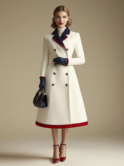 High-End Retro And Fashionable Double-Breasted Lapel Color-Blocked Long Coat