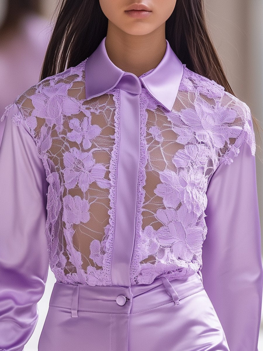 Elegant and Fashionable Purple Lace Splicing Satin Long-sleeved Shirt