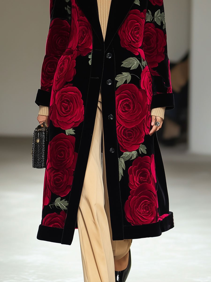 Casual Loose Vintage Velvet Rose Print Lapel Pocket Midi Coat