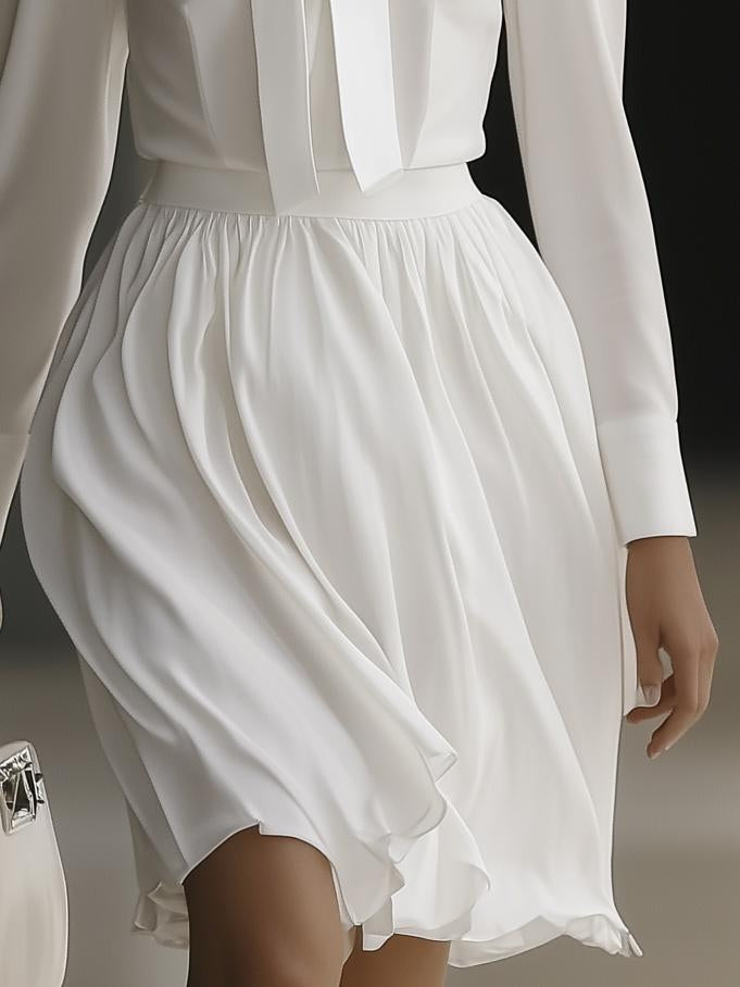 Classic Basic White Ribbon Chiffon Long Sleeve Mini Dress