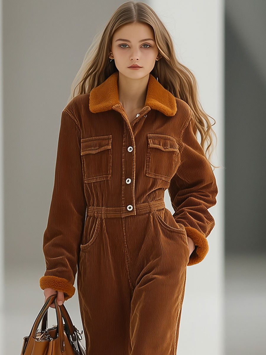 Casual Loose Retro Corduroy Multi-Pocket Fur Collar Long Sleeve Jumpsuit