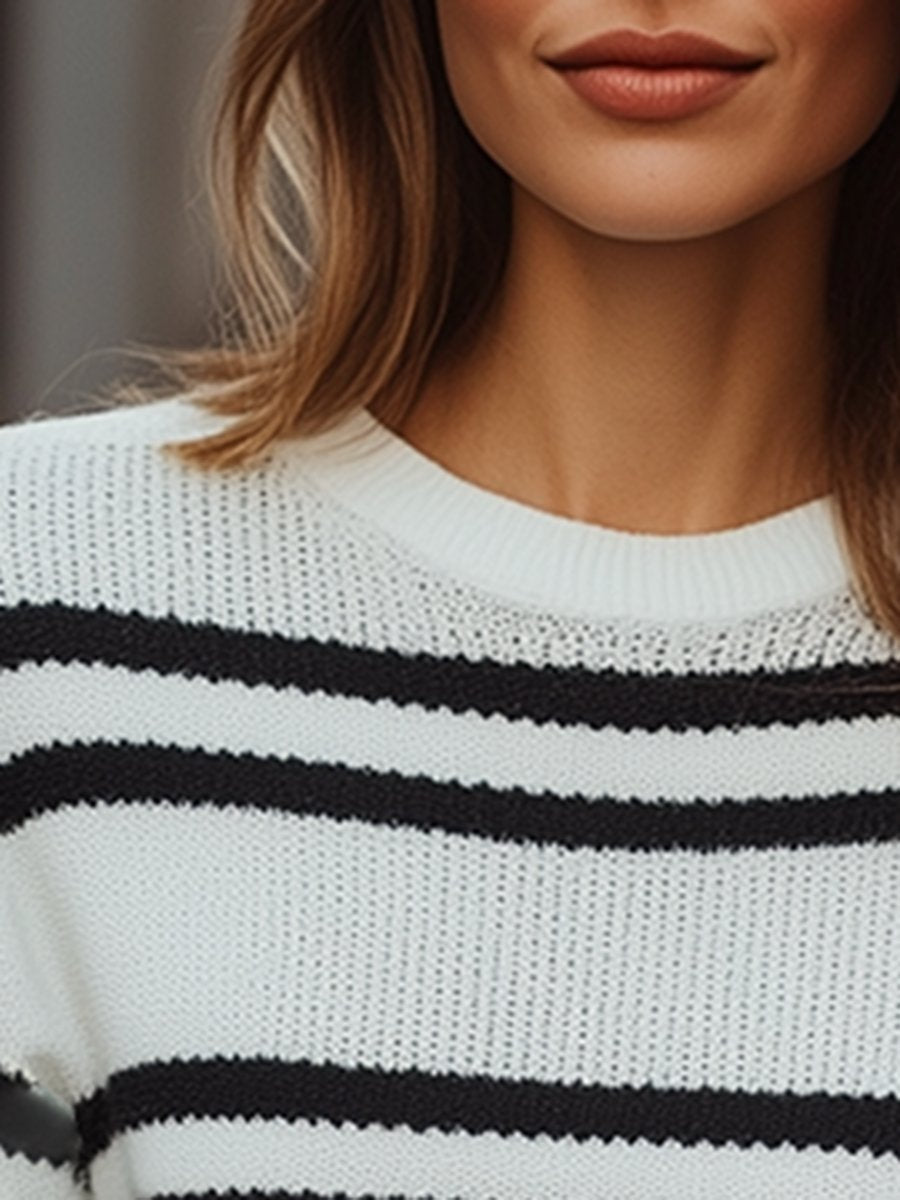 Casual Loose Round Neck Black And White Contrast Striped Sweater