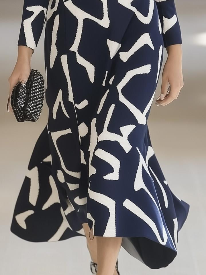 Elegant Geometric Print V-Neck Navy Blue Long Sleeve Maxi Dress