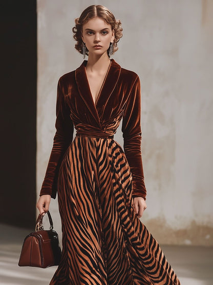 Fashion Retro Velvet Zebra Splicing Lapel Long Sleeve Midi Dress