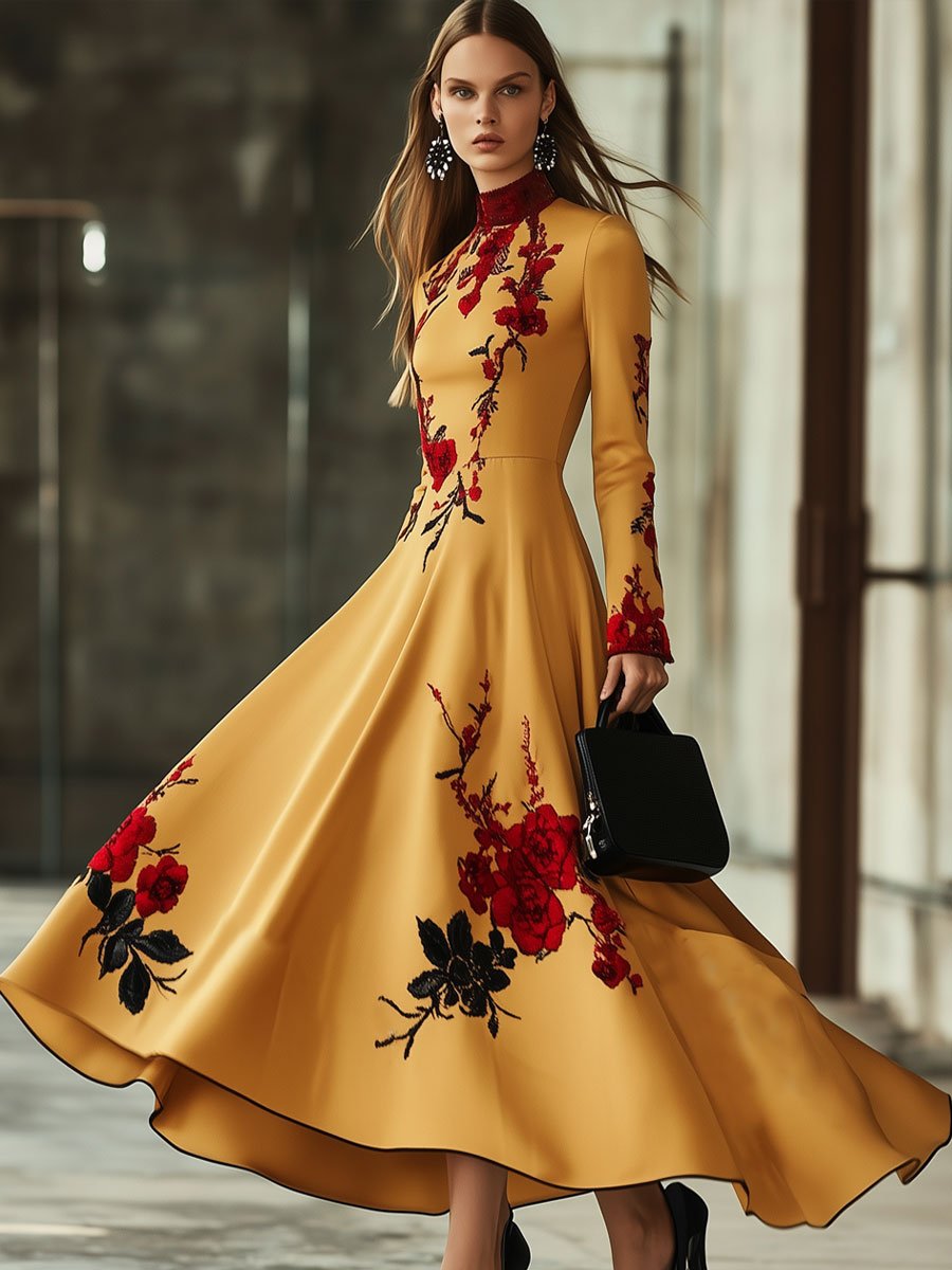 Fashion Vintage Party Floral Embroidery Gold Satin Lace Long Sleeve Maxi Dress