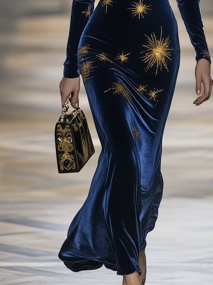 Elegant High-End Celestial Print Velvet Long-Sleeved Maxi Dress