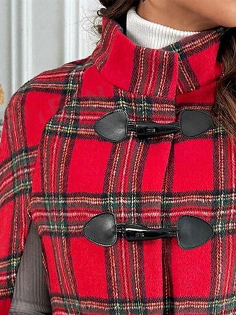 Retro Loose Fashionable Christmas Plaid Horn Button Cape Wool Coat