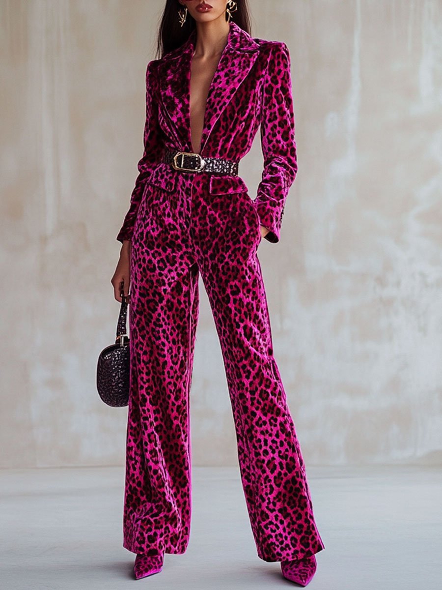 Casual Loose Vintage Velvet Leopard Print Lapel Pocket Jumpsuit