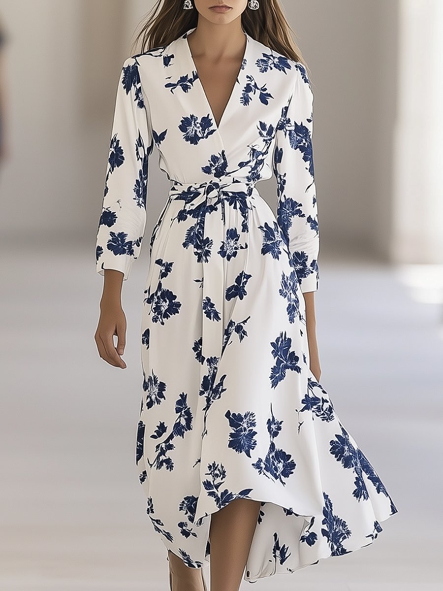 High-end Elegant V-neck Blue Flower Print White Long-sleeved Maxi Dress