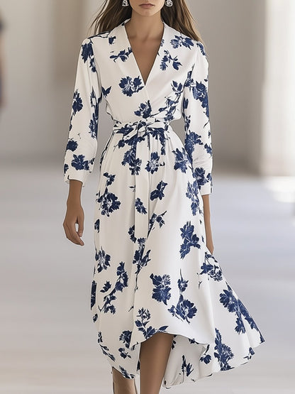 High-end Elegant V-neck Blue Flower Print White Long-sleeved Maxi Dress