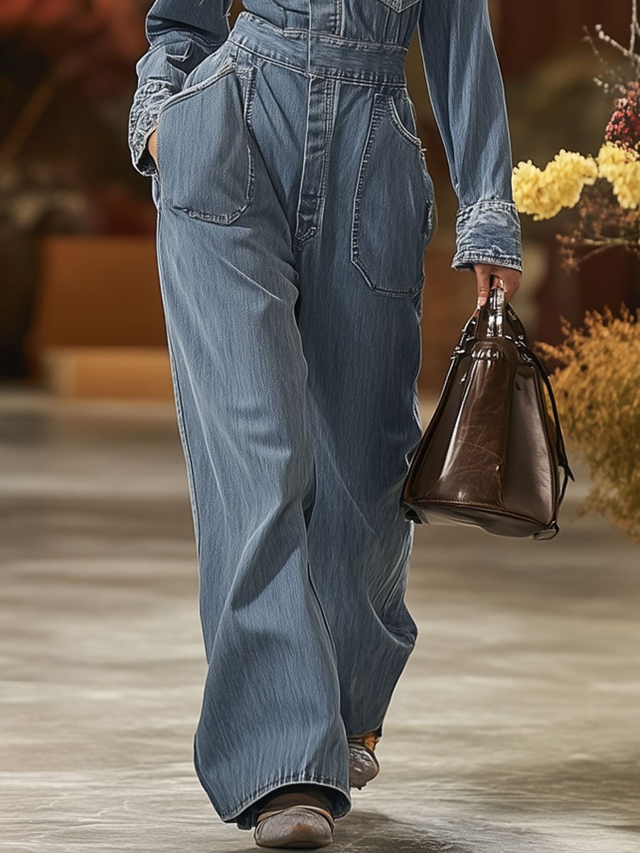 Casual Retro Solid Color Pocket Long Sleeve Wide Leg Denim Jumpsuit