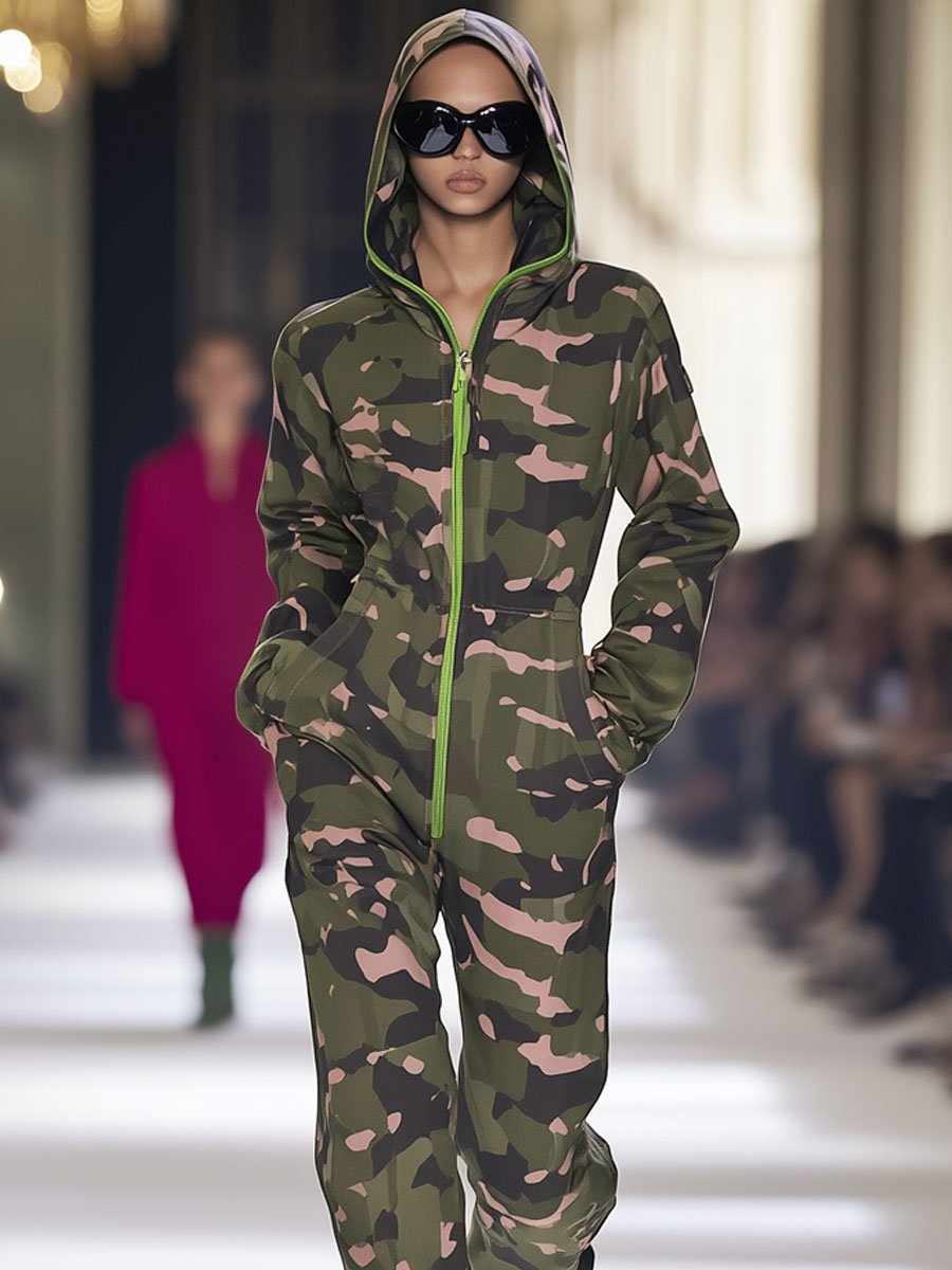 Casual Loose Camouflage Green Zipper Hooded Jumpsuit