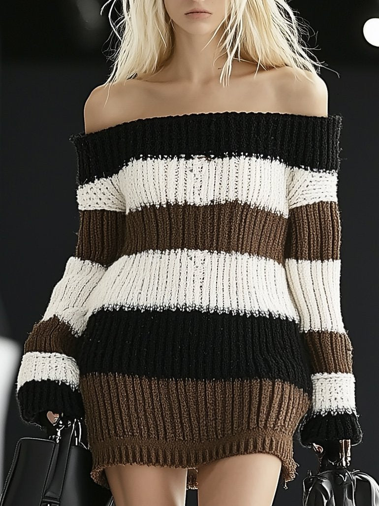 Classic Off-The-Shoulder Striped Long-Sleeve Knit Mini Dress