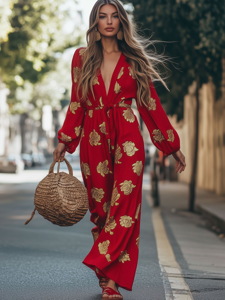 Casual Cotton and Linen Gold-stamped Rose Printed Long-sleeved Lace-up Flared Jumpsuit