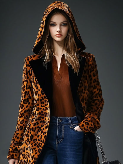 Casual Loose Vintage Velvet Leopard Print Hooded Mid-Length Coat