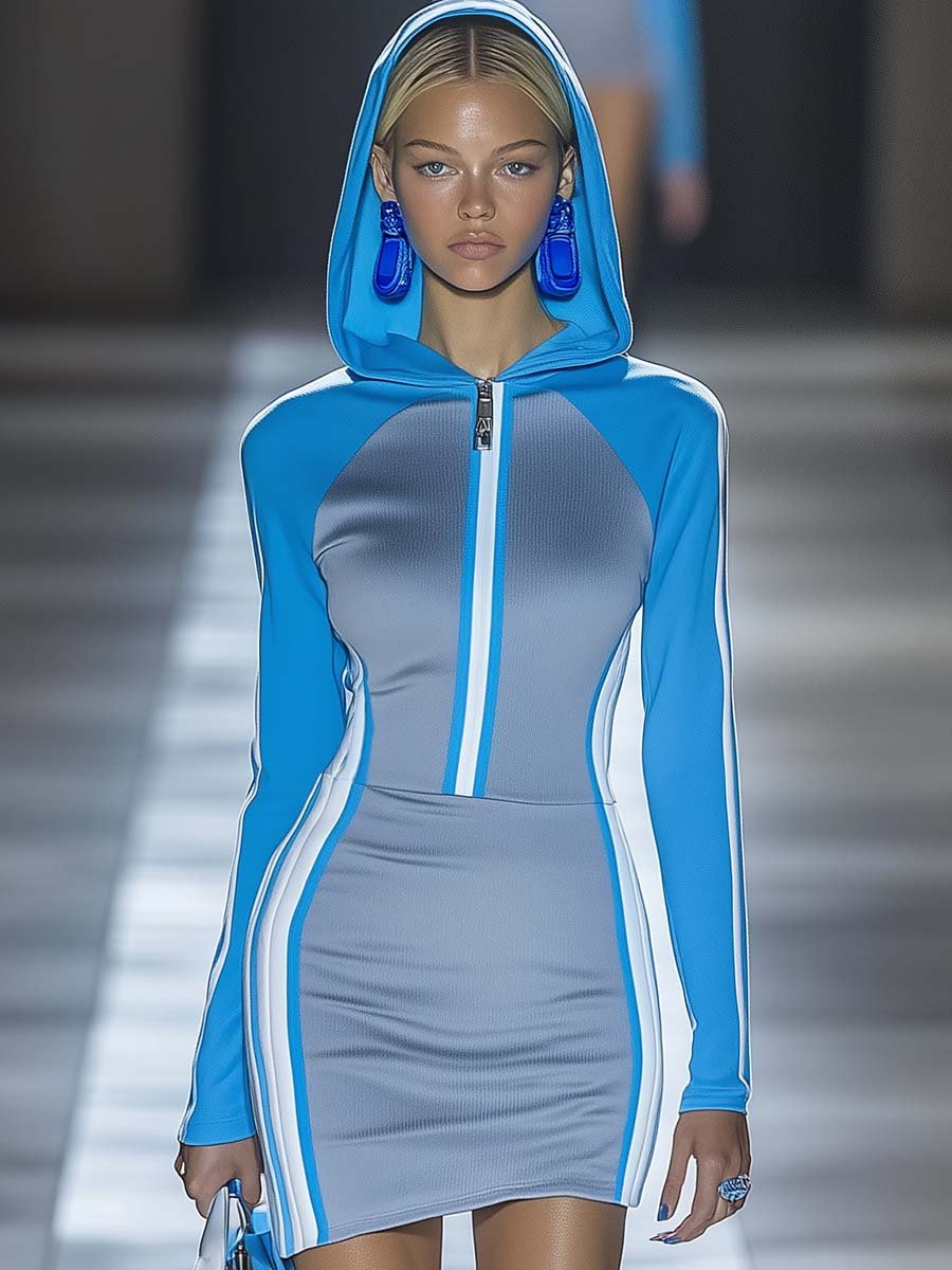 Elegant and Fashionable Sports Hooded Gray and Blue Contrast Mini Dress