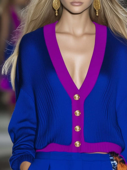 Elegant and Comfortable V-neck Contrast Cobalt Blue Sweater