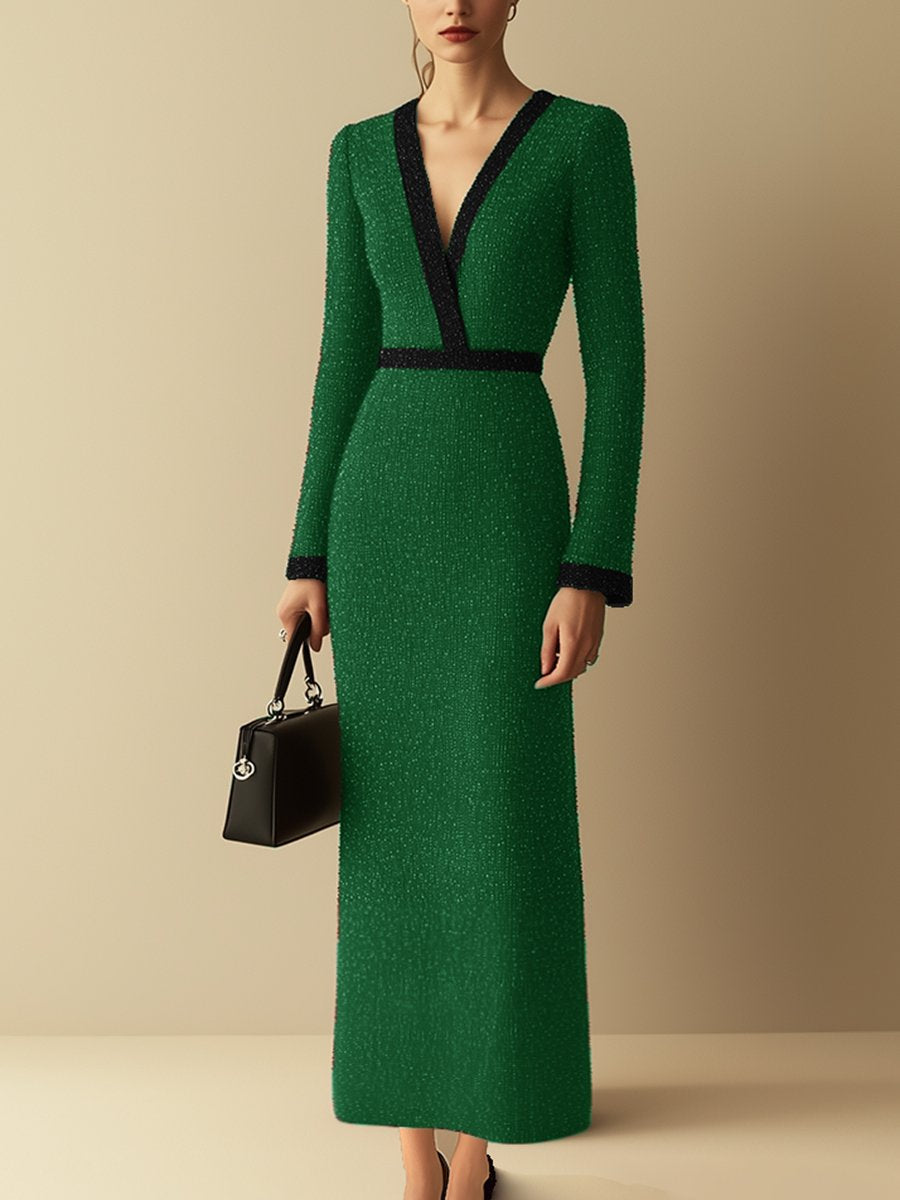 High-End Loose Fashion Elegant Ribbon Green Tweed Dress