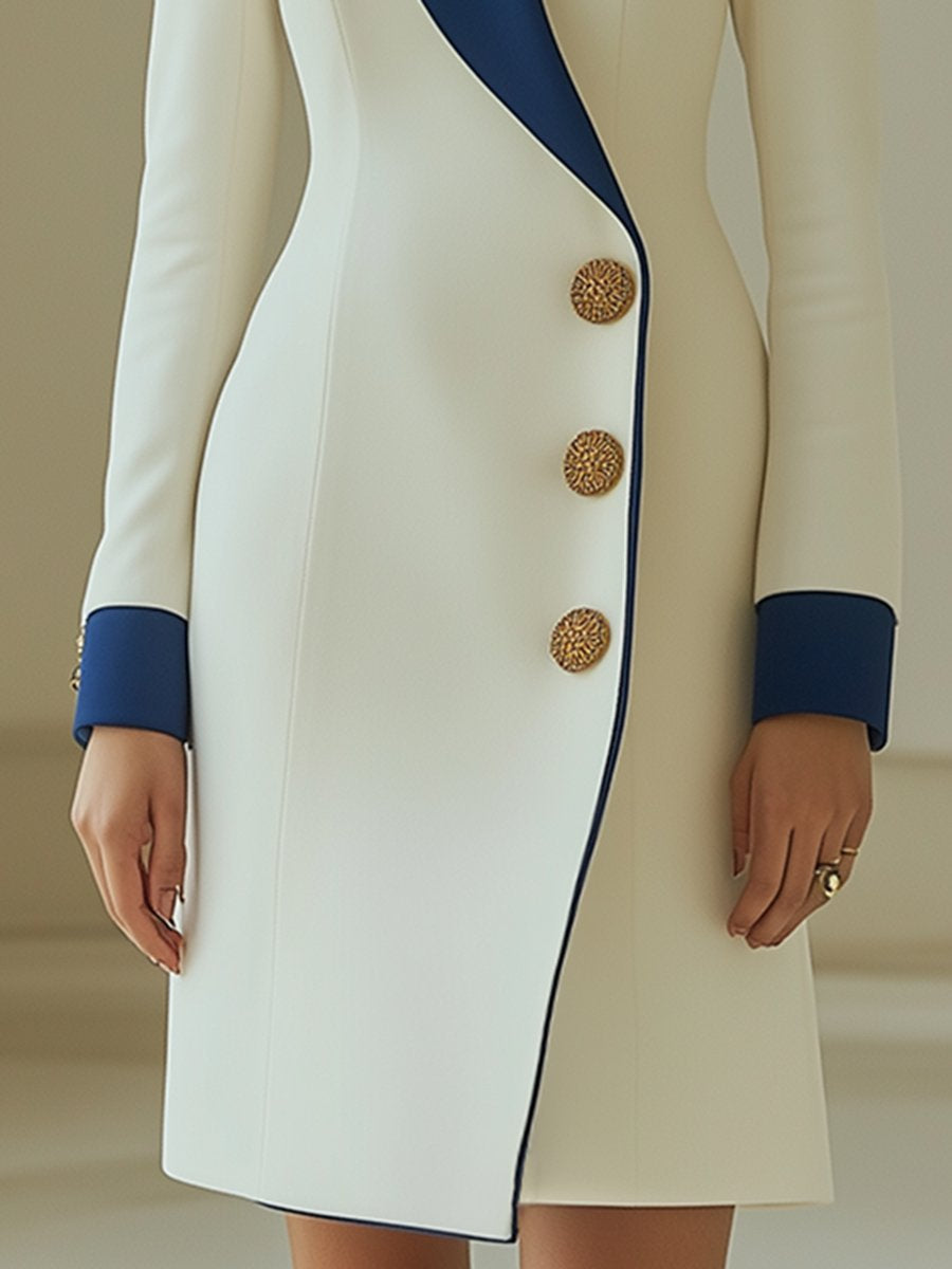 High-End Temperament Fashionable And Elegant Blue And White Contrast Lapel Dress