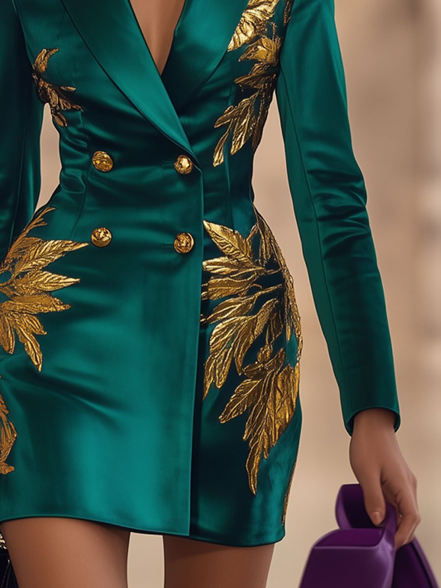 Vintage Gilded Leaf Green Satin Long Sleeve Suit Mini Dress