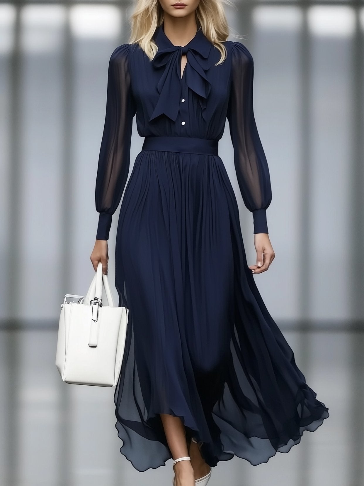 Elegant Deep Sea Blue Ribbon Chiffon Long Sleeve Maxi Dress