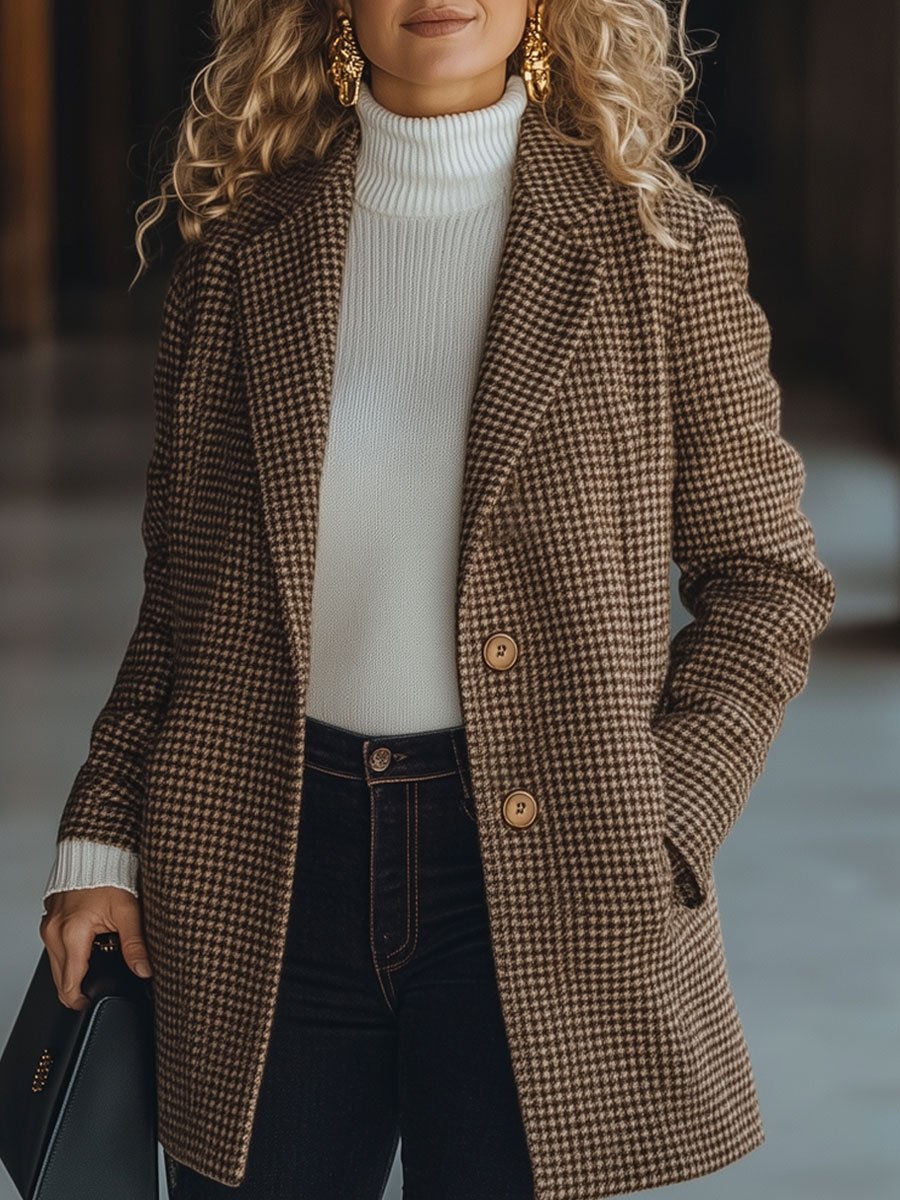 Casual Loose Vintage Woolen Brown Houndstooth Pocket Coat