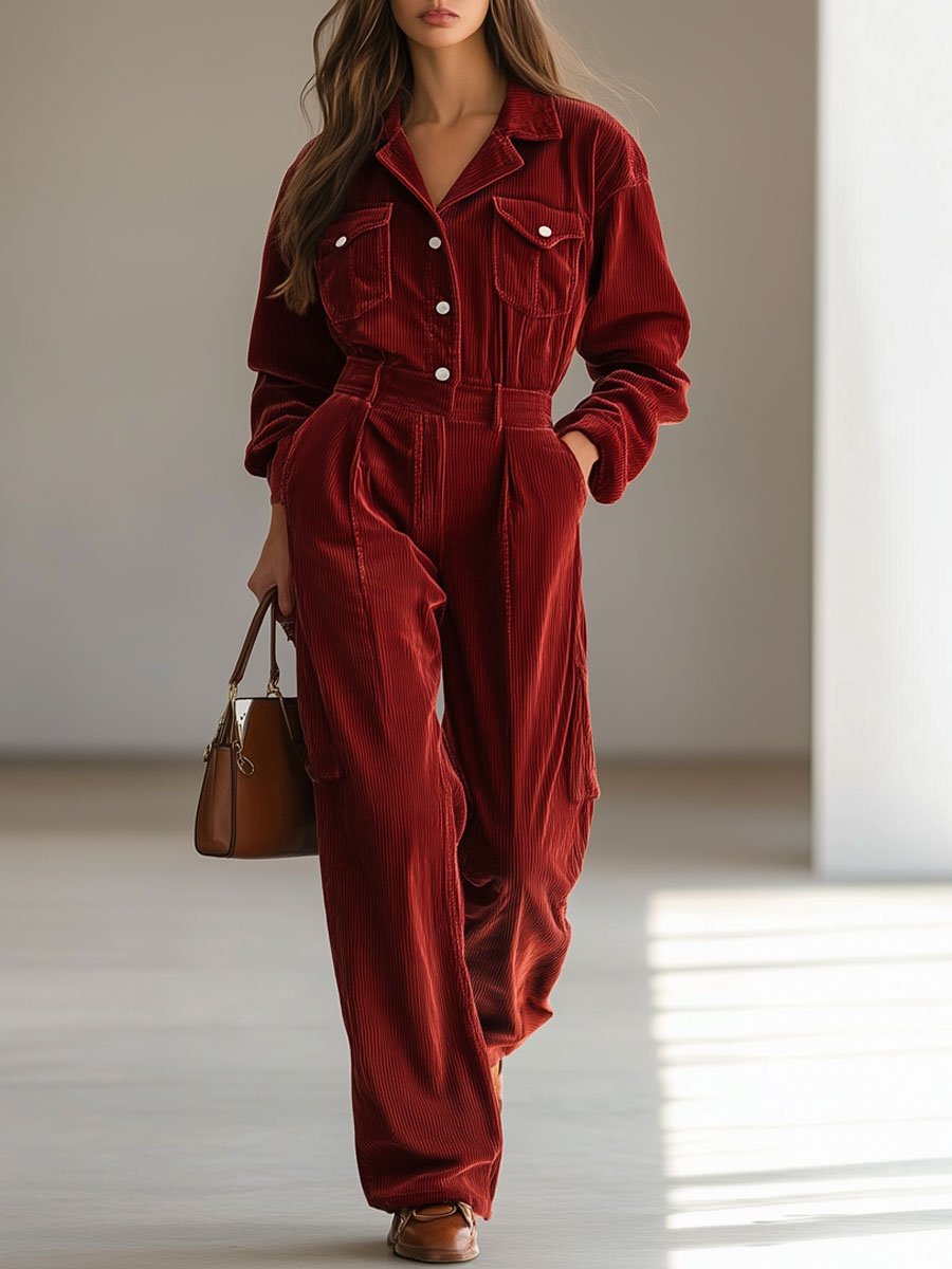 Casual Loose Vintage Corduroy Ankola Red Multi-Pocket Long Sleeve Jumpsuit