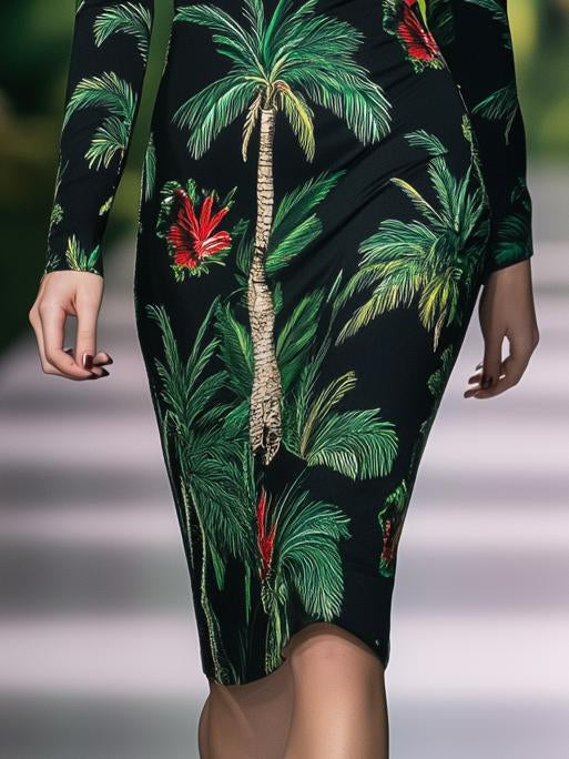 Elegant Holiday Coconut Tree Print Black Long Sleeve Midi Dress