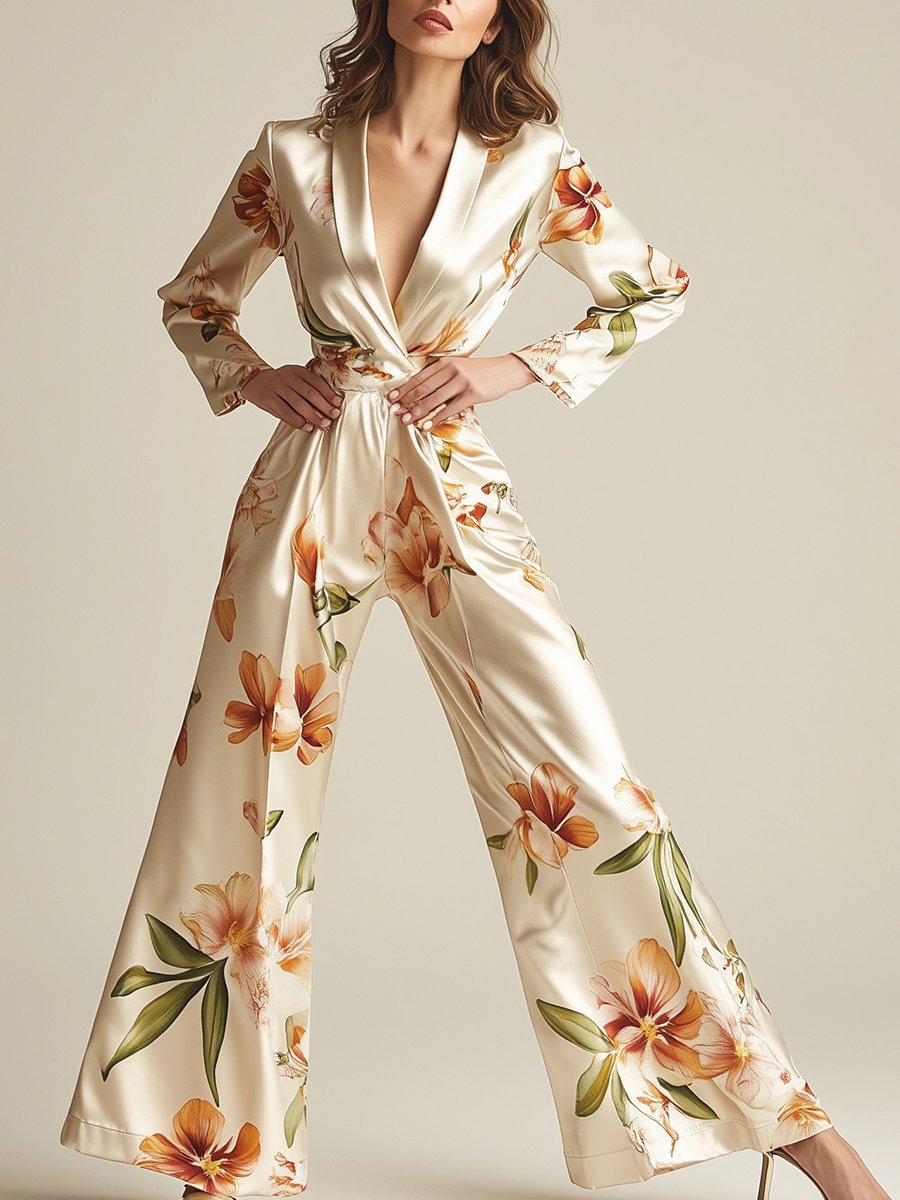 Elegant and Fashionable Lapel Beige Satin Print Long-sleeved Jumpsuit