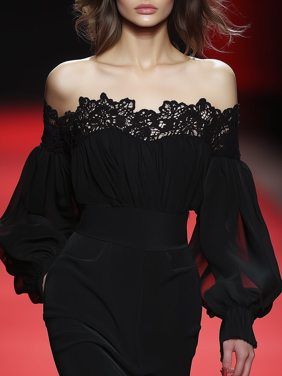 Fashion Casual Off-shoulder Black Lace Chiffon Top Blouse