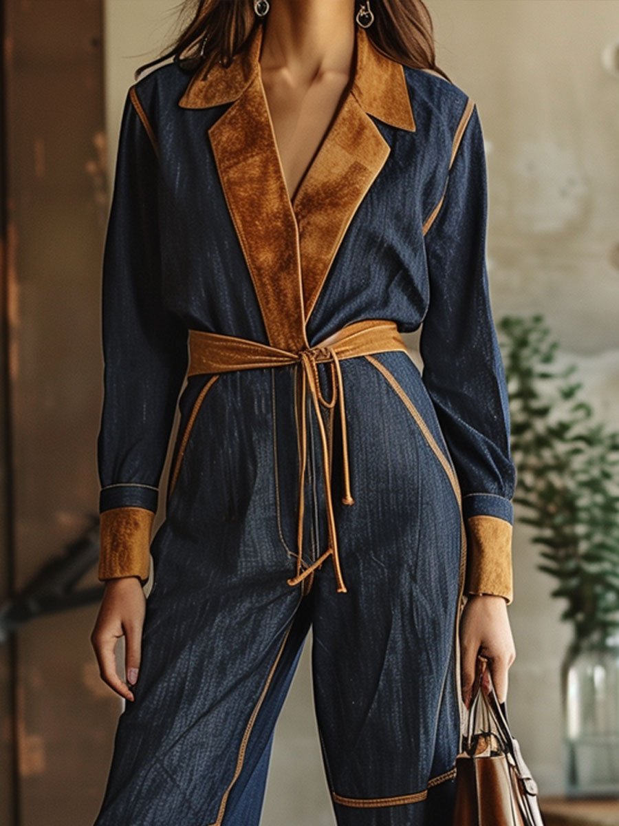 【24-hour shipping】Casual Loose Retro Denim Suede Stitching Long-Sleeved Jumpsuit