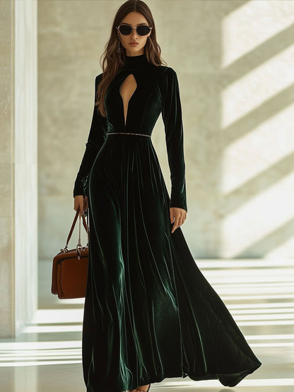 Retro Fashion Velvet Hollow Long Sleeve Maxi Dress