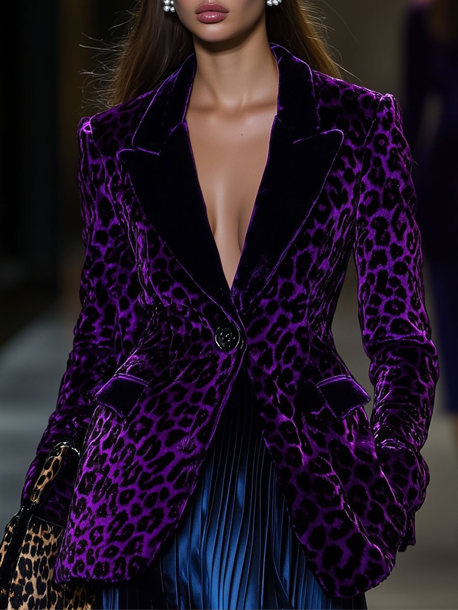 Casual Loose Retro Purple Leopard Print Blazer