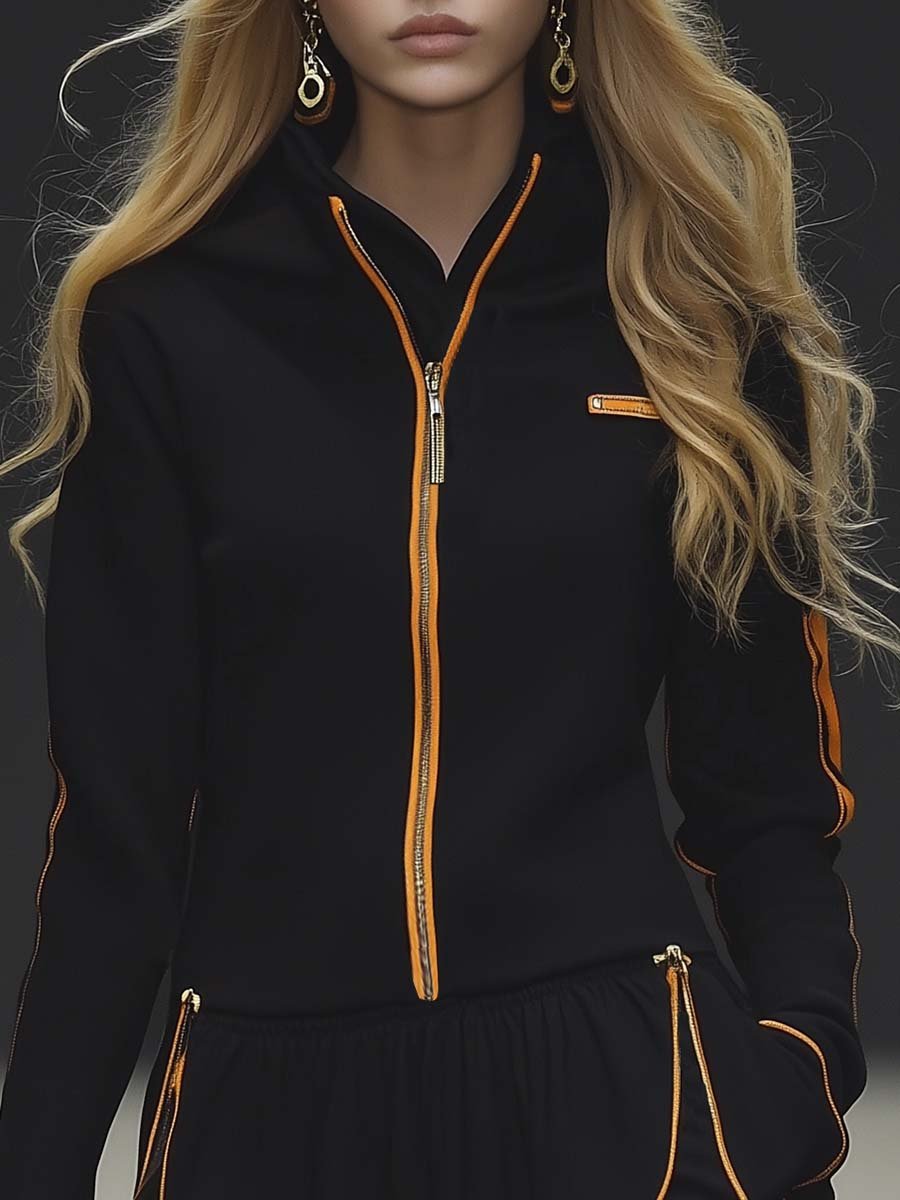 Elegant Sporty Yellow Trim Black Sweatshirt Style Mini Dress