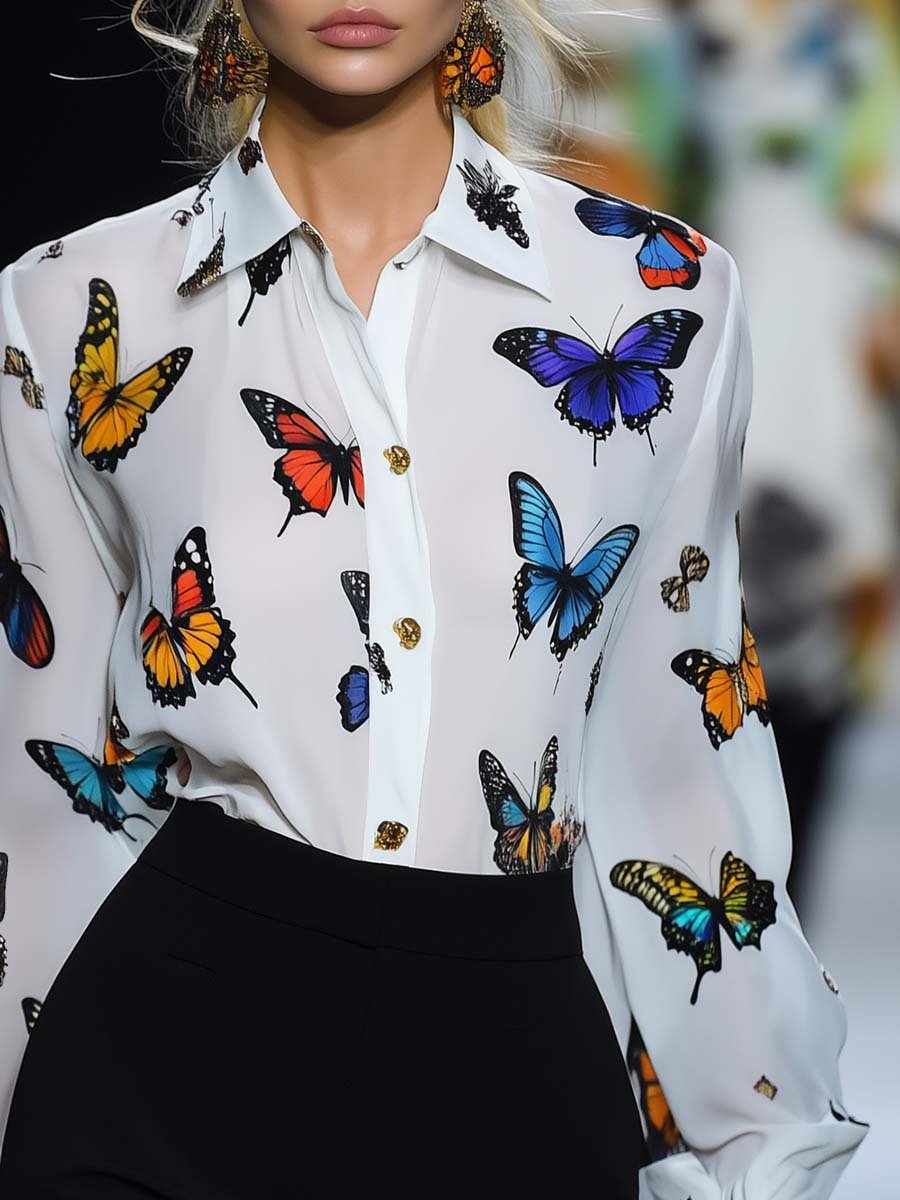 Elegant and Flowing Butterfly Print White Chiffon Shirt