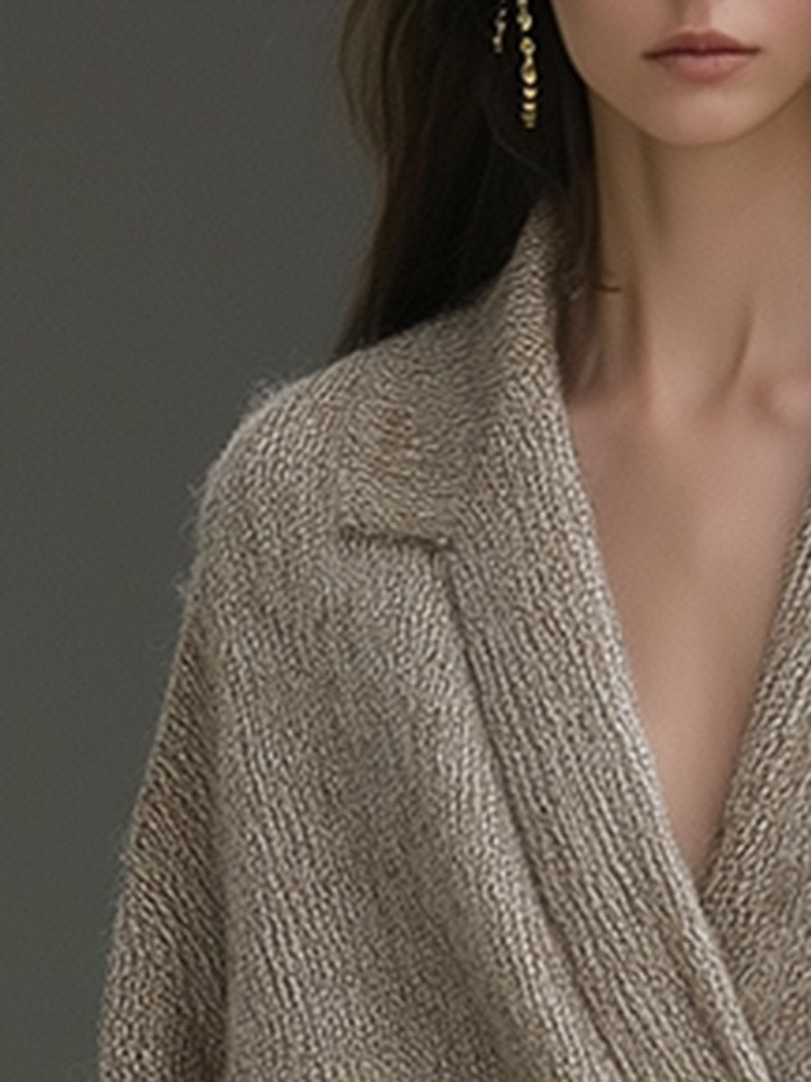 Lazy High-End Oatmeal V-Neck Dropped Shoulder Knitted Cardigan