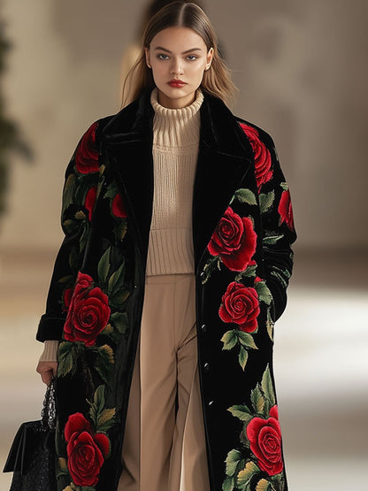 Casual Loose Vintage Velvet Rose Print Lapel Pocket Midi Coat