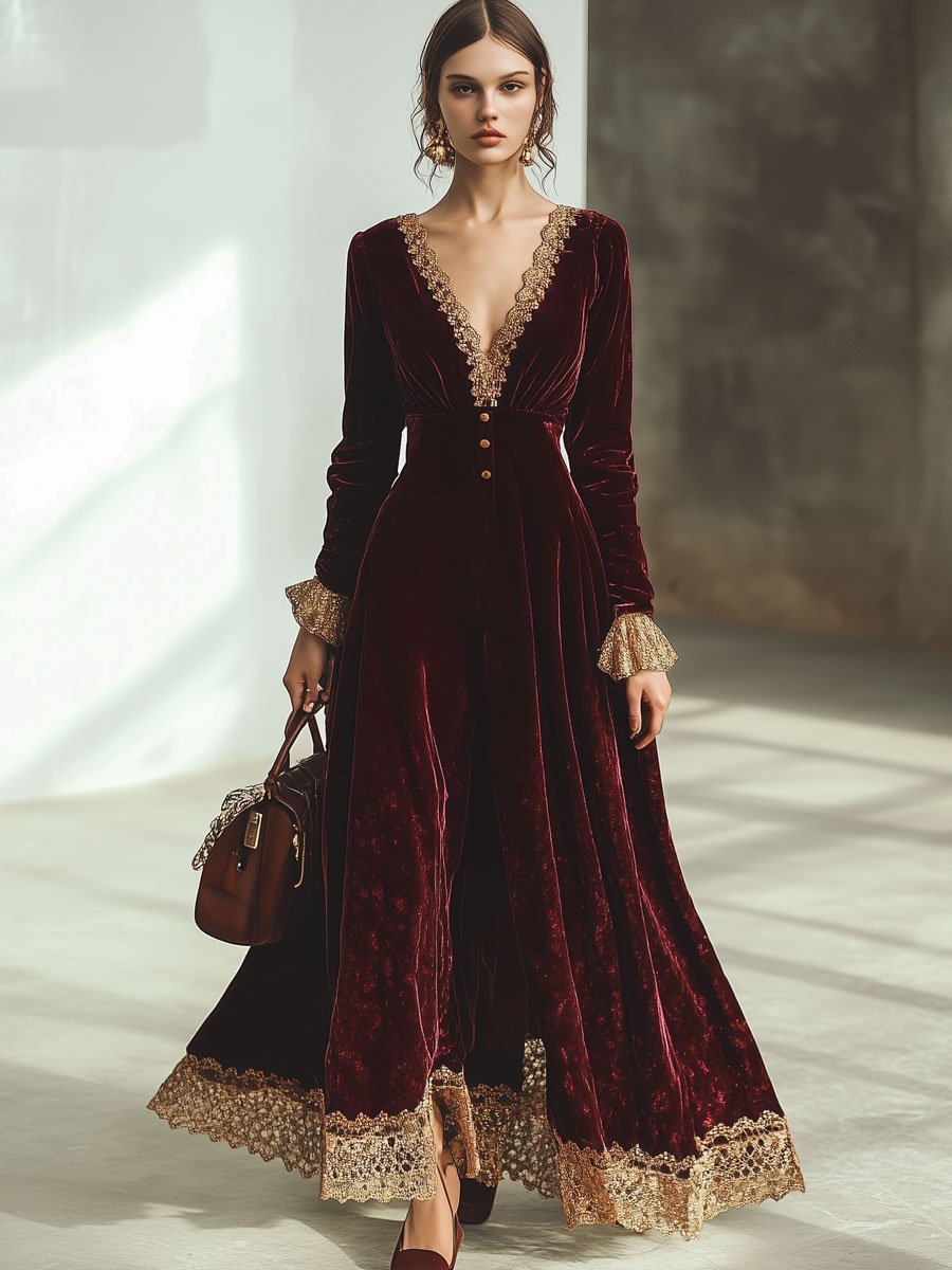 Vintage Ankola Red Velvet Lace V-neck Long Sleeve Maxi Dress