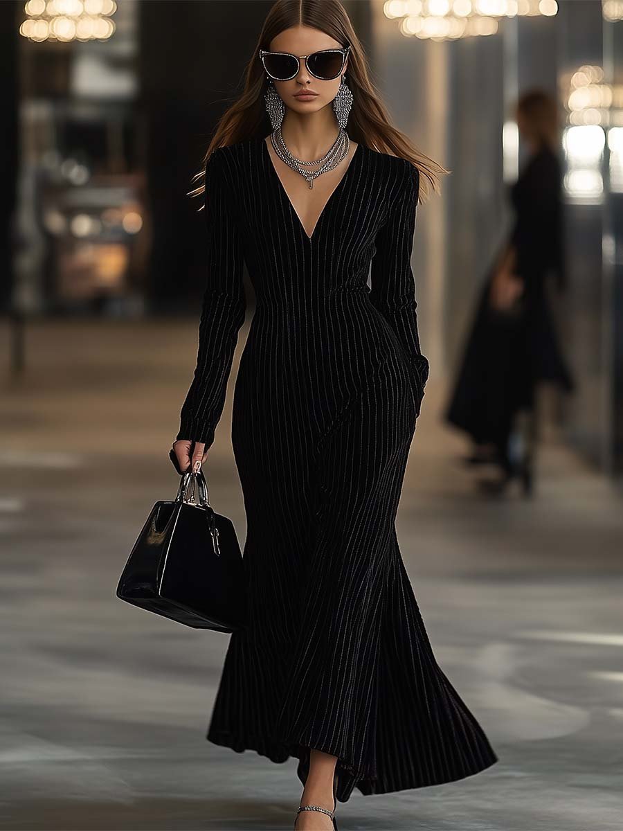 Fashion Retro Deep V Neck Long Sleeve Maxi Dress