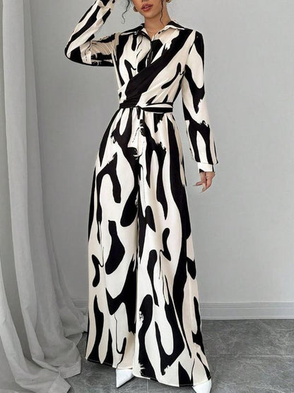 Temperament Chiffon Curve Print Long Sleeve Jumpsuit