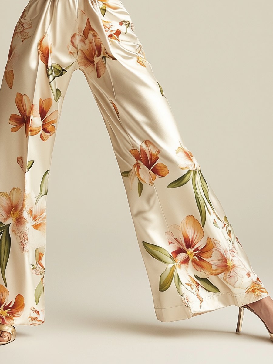 Elegant and Fashionable Lapel Beige Satin Print Long-sleeved Jumpsuit