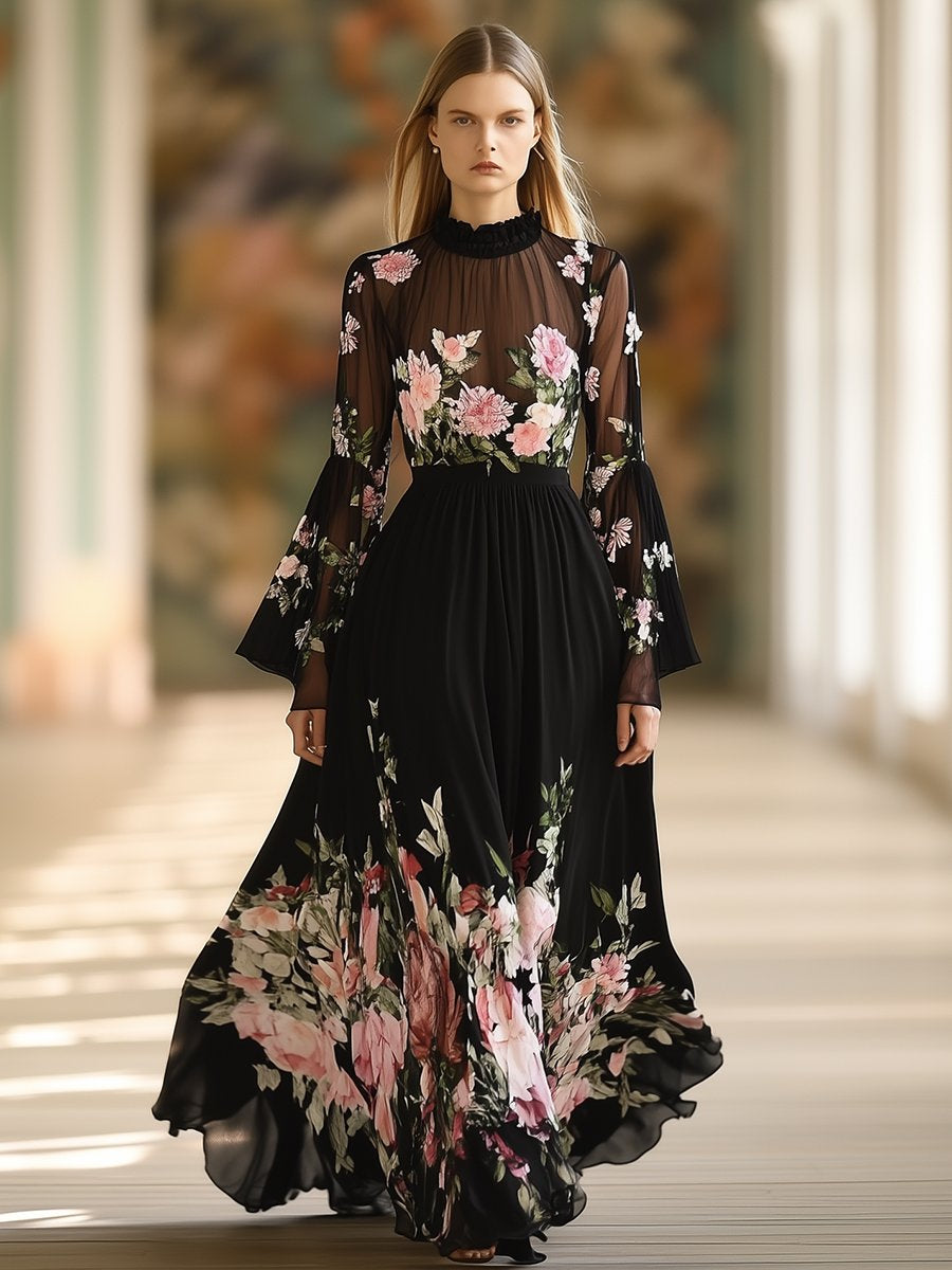 Romantic Illusion Half-high Neck Printed Black Chiffon Long-sleeved Maxi Dress